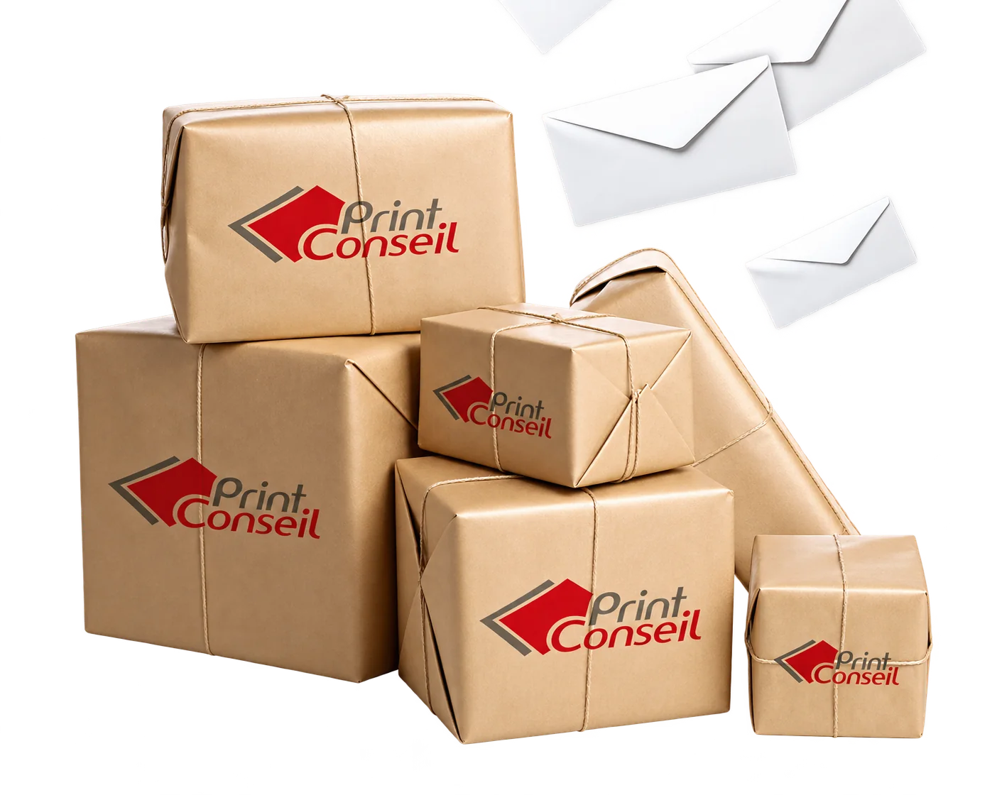 Des colis emballés dans du papier kraft et fermés par de la ficelle portent le logo Print Conseil, avec des enveloppes blanches qui volent en arrière-plan.